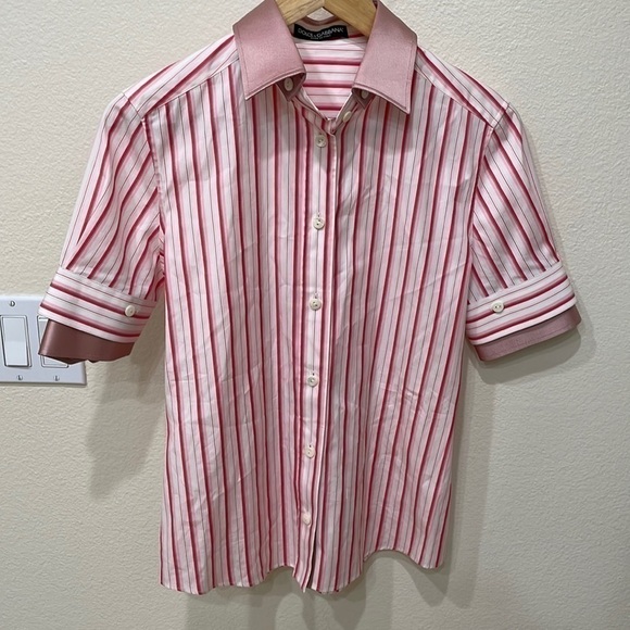 ⭐️Dolce and Gabbana Pink Striped Blouse Pink Silk Collar, CuffsPlacket—New! - Picture 1 of 9
